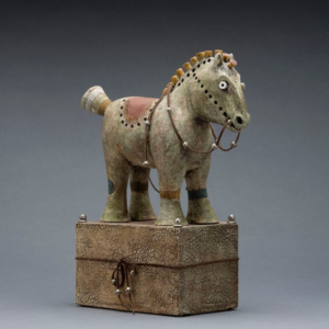 "Gift Horse". Ceramic, leather, silver beads. 16.5 x 14 x 6 inches. Hand built. Sold.