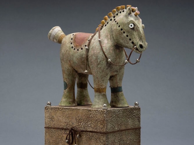 "Gift Horse". Ceramic, leather, silver beads. 16.5 x 14 x 6 inches. Sold.