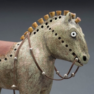 Detail, "Gift Horse". Ceramic, leather, silver beads. Hand built. 16.5 x 14 x 6 inches. Sold