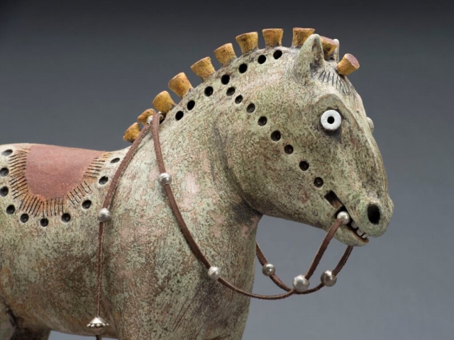 Detail, "Gift Horse". Ceramic, leather, silver beads. 16.5 x 14 x 6 inches. Sold