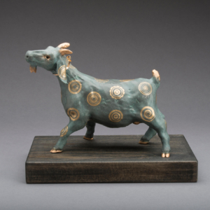 "Gilded Billy" 9 x 7 x 11 inches. Ceramic, gold wire, gold decals. Hand Built. Sold.