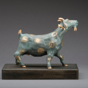 "Gilded Billy" 11 x 7 x 9 inches. Ceramic, gold wire, gold decals. Hand Built. Sold.