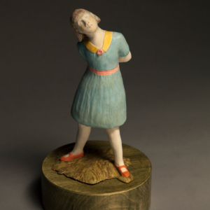 "The Observer". Ceramic, glaze, underglaze, wood base. Hand Built. 10 x 5 x 5 inches.
