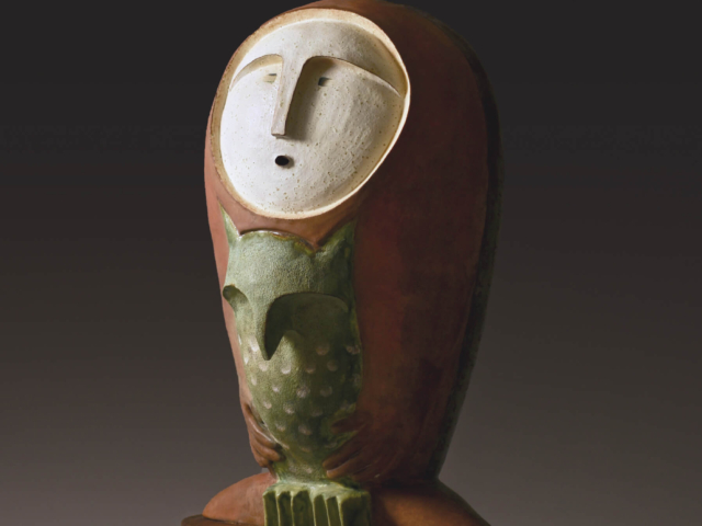 “Birth of Owl Under the Moon”. Ceramic. 13 x 9 x 21 inches Julia Mulligan