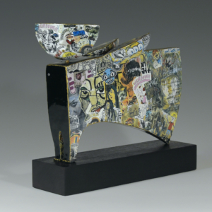 "City Angel", Ceramic, custom decals, glaze, beads, wood base. 12 x 11 x 5 inches.