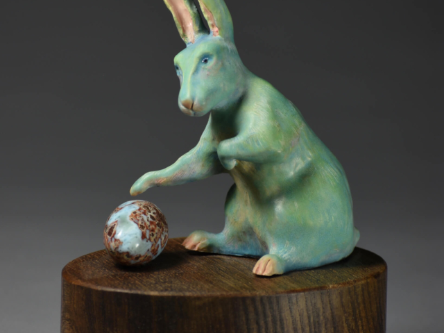 "Rabbit Rabbit". Porcelain, Wood, Larimar egg. 4 x 3 x 7 inches. ©Julia Mulligan