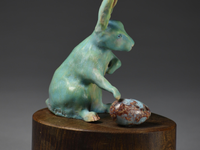 "Rabbit Rabbit". Porcelain, Wood, Larimar egg. 4 x 3 x 7 inches. ©Julia Mulligan