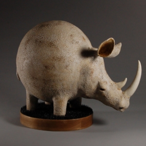 "Danger Afoot, Walk Softly." Ceramic, wood base, iron tacks. 20 x 11 x 16 inches. &copy;Julia Mulligan