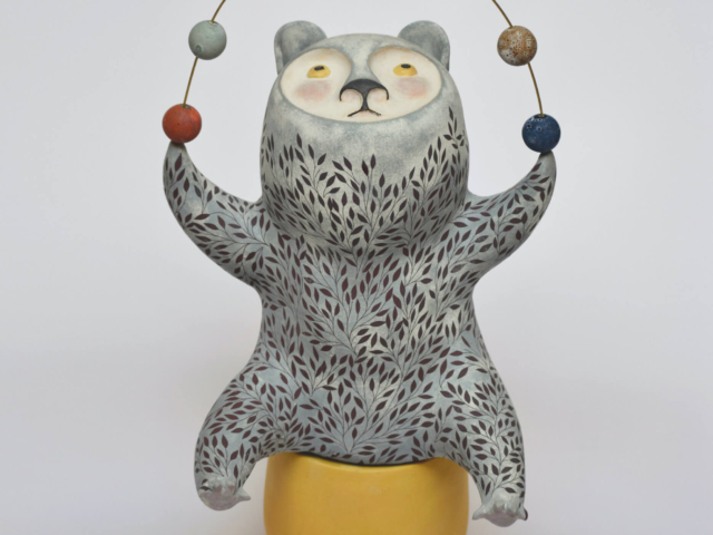 "Juggling Bear" Ceramic, brass wire, ceramic beads 19 x 11 x 10 inches, sold