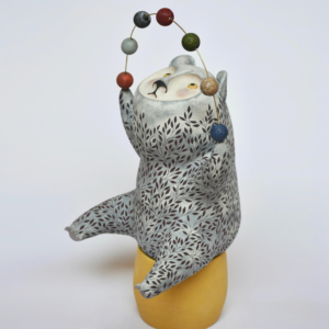 "Juggling Bear" Ceramic, Brass Wire, Ceramic Beads. 19 x 11 x 10 inches