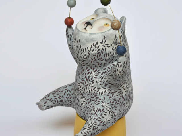 "Juggling Bear" Ceramic, Brass Wire, Ceramic Beads. 19 x 11 x 10 inches