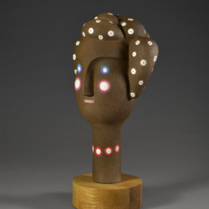 "Conversations with Myself", Ceramic, Glaze, Cold Finish, Glass Beads, 9" x 9" x 18" &copy;Julia Mulligan