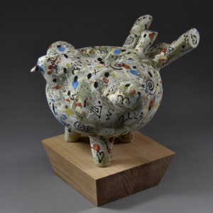 Brutal Hen. Ceramic, wood base. 13"h x 12.5"w x 13"l