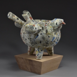 Brutal Hen. Ceramic, wood base. 13"h x 12.5"w x 13"l