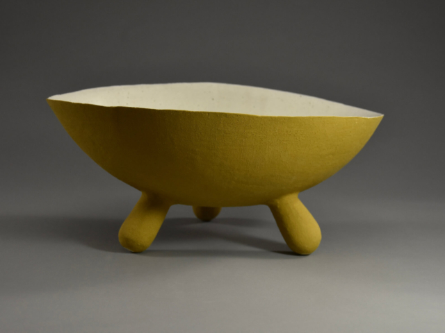 Yellow Footed Bowl. Ceramic. 13" x 12" x 5"