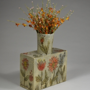 Flower Vase.  Hand Built Ceramic, glaze. 8.5" x 4" x 10.5"