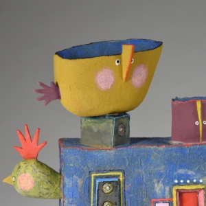 Detail, "My Bouncy House". Ceramic, steel, glaze, cold finish. 16.5" x 13" x 6"