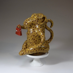 "Ladies and Gentlemen, Please! Allow Me to Explain Myself!" Ceramic, glaze, ceramic decals. Hand built. 10" x 10.5" x 16"