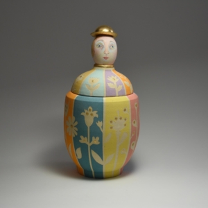 "The Gardener's Jar".  Ceramic, underglaze, gold leaf. Wheel thrown. 5 x 5 x 10 inches