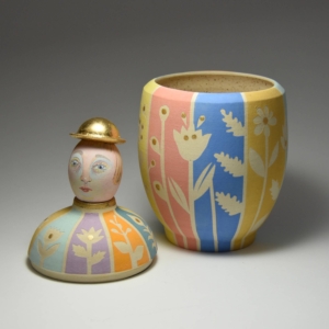 "The Gardener's Jar".  Ceramic, underglaze, gold leaf. Wheel thrown. 5 x 5 x 10 inches