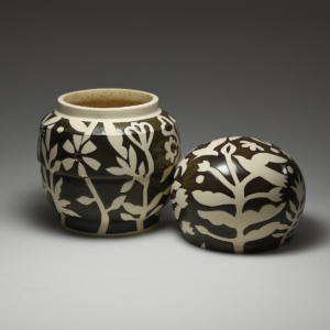 Forest Jar with Lid. Wheel thrown. Porcelain, Glaze. 7" x 4"