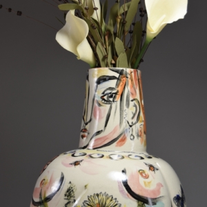 Large "Woman in the Garden Vase", detail.  Porcelain, Underglaze, Glaze. 14 x 10 x 10 inches.