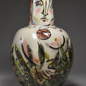 Large "Woman in the Garden Vase".  Porcelain, Underglaze, Glaze. 10 x 10 x 14 inches.