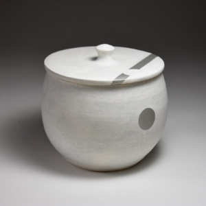 White Container with Silver Enamel. 6.5 x 6 x 6 inches.