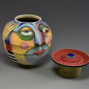 "The Suitor" Lidded Container (Lid off). Porcelain, Underglaze. 6 x 5 inches, &copy;Julia Mulligan