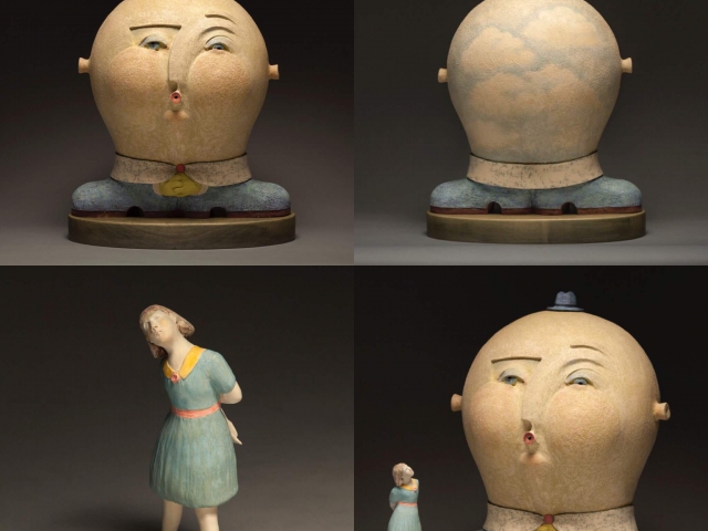 "The Whistling Businessman" (with, "The Observer"). Ceramic, glaze, underglaze, cold finish. 22 x 17 x 12 inches.