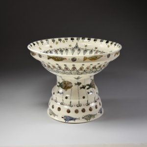 "Fishbowl" (side view). Porcelain, Underglaze, Glaze. 10 x 10 x 8 inches