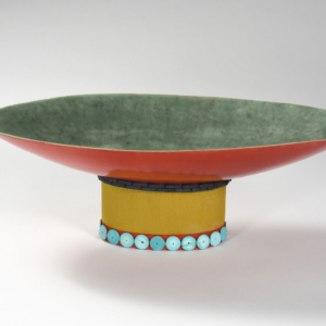 "Big Red" (Large Oblong Bowl). Hand Built Ceramic, Glaze, Semi-precious beads. 17.5 x 9.5 x 5.5 inches. Sold