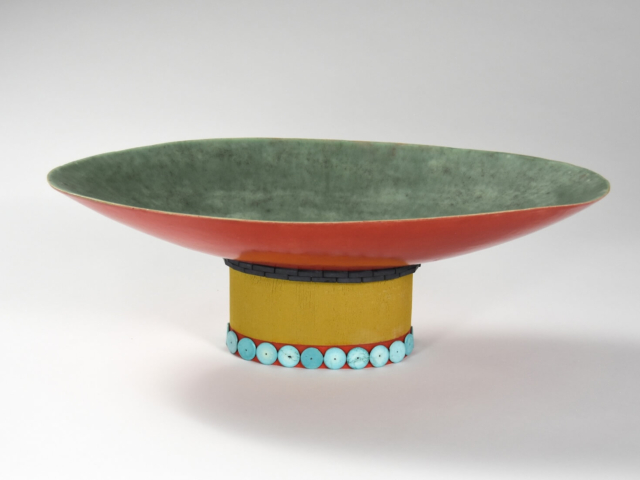 "Big Red" (Large Oblong Bowl). Ceramic, Glaze, Semi-precious beads. 17.5 x 9.5 x 5.5 inches