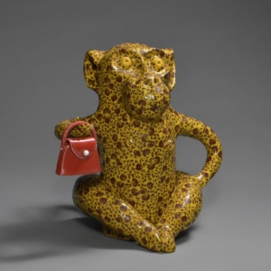 "Ladies and Gentlemen, Please! Allow Me to Explain Myself!" (With Purse)  Ceramic, glaze, ceramic decals. Hand built.