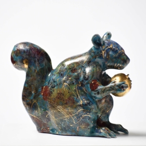 "Let's Go Nuts!" Porcelain, glaze, ceramic decals, gold luster, gold leaf. Hand built. 8" x 3.5" x 6.5", Sold