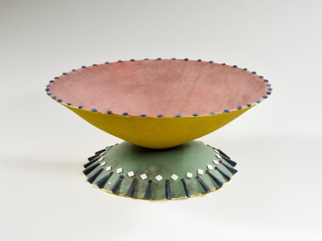 "The Big Pink" Ceramic, glaze, gold leaf, semi-precious beads. 14" x 14" x 6"