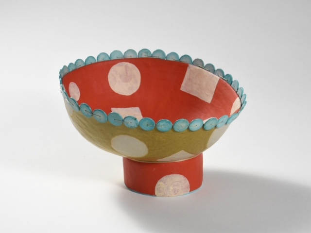 "Carnival Bowl". Ceramic, Glaze, Cold Finish, Turquoise Beads, Thread