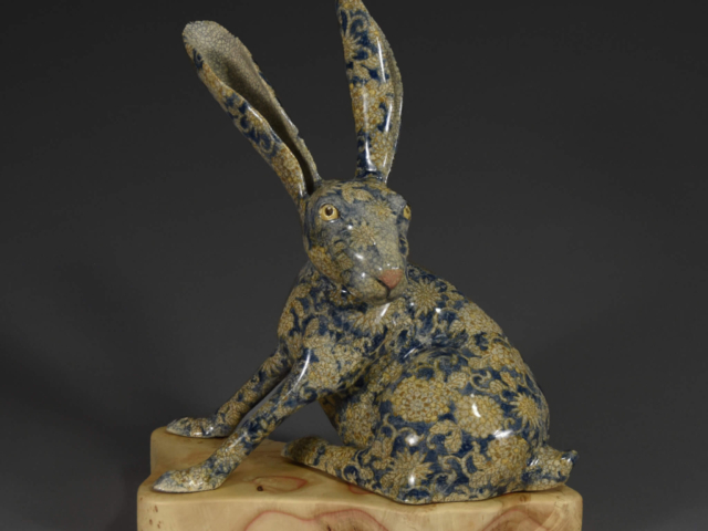 "Rabbit Run"  Ceramic, Boxelder Wood Base. 11" x 6.5" x 12" ©Julia Mulligan