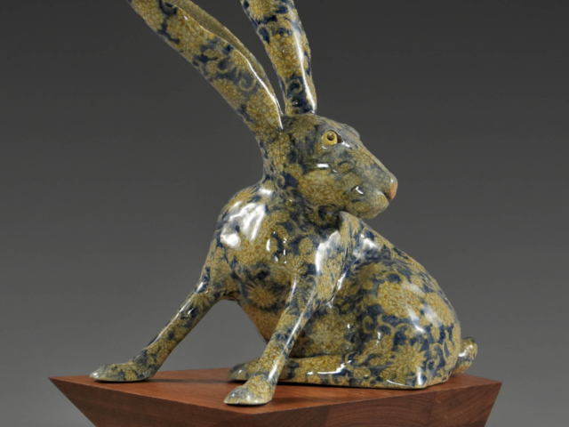 "Rabbit Run"  Ceramic, Walnut Wood Base. 11" x 6.5" x 13" ©Julia Mulligan