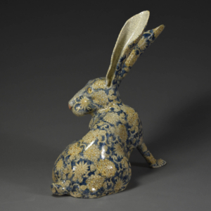 "Rabbit Run"  Ceramic. 11" x 6.5" x 12" (shown without base) Hand built. &copy;Julia Mulligan. Sold.