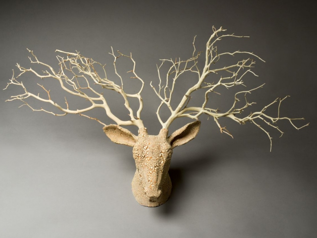 "The Hunt". Ceramic, manzanita branches. Wall mounted, life size. Sold