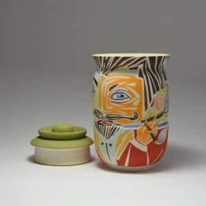 "Two Cigars Are Better Than One", porcelain container. Wheel thrown.  3.5 x 3.5 x 6 inches