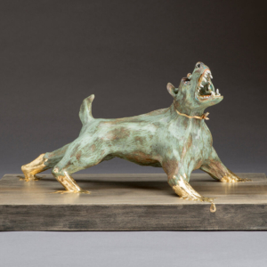 "My Pet Dogma" 12 x 8 x 7 in. Ceramic, gold leaf, wood base, gold wire. Hand Built. &copy;Julia Mulligan