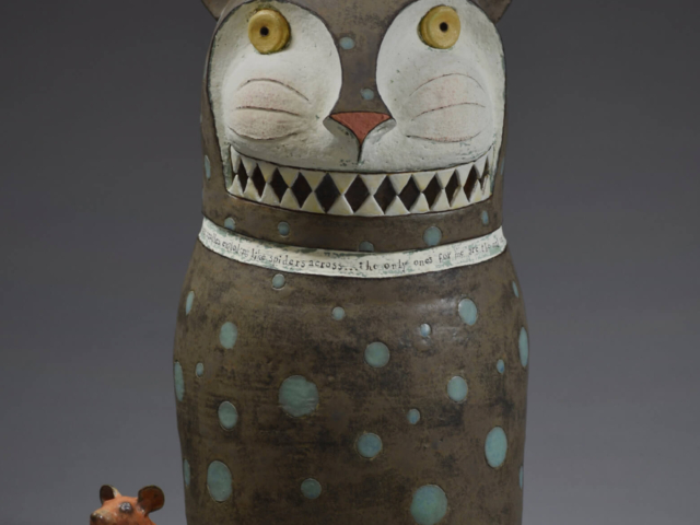 "No Hugs Please" with "Little Rat" (who insisted on being in the photo).  Ceramic and Porcelain.  18 x 9 x 14 inches (cat)