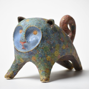 "Carnival Cat" Ceramic, glaze, oil, gold leaf. Hand built. 13" x 9" x 7"