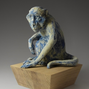 "Blue". Ceramic, glaze, wood base. 7.5 x 7.5 x 12 (including base). Hand built.