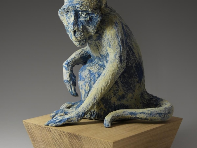 "Blue". Ceramic, glaze, wood base. 7.5 x 7.5 x 12 (including base)