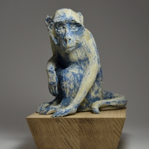 Blue. Ceramic, glaze, wood base. 7.5 x 7.5 x 12 (including base). Hand Built.