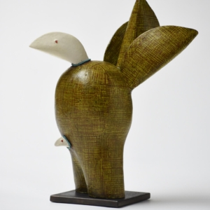 "Two Headed Bird".  Ceramic, turquoise, glass, iron base. Hand built. 12.5"h x 7"w x 10"d