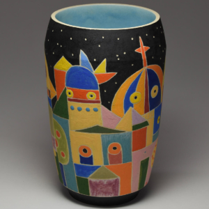 "Night City". Vase (side a). Porcelain, glaze. 7.25 x 5 x 5 inches.